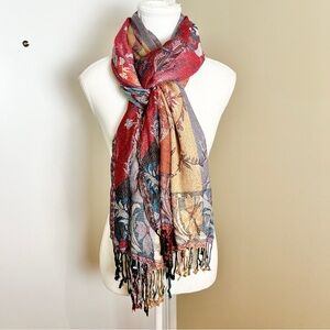 Multicolor Boho Floral Paisley Pashmina‑Feel Tassel Wrap Shawl Cottagecore Scarf